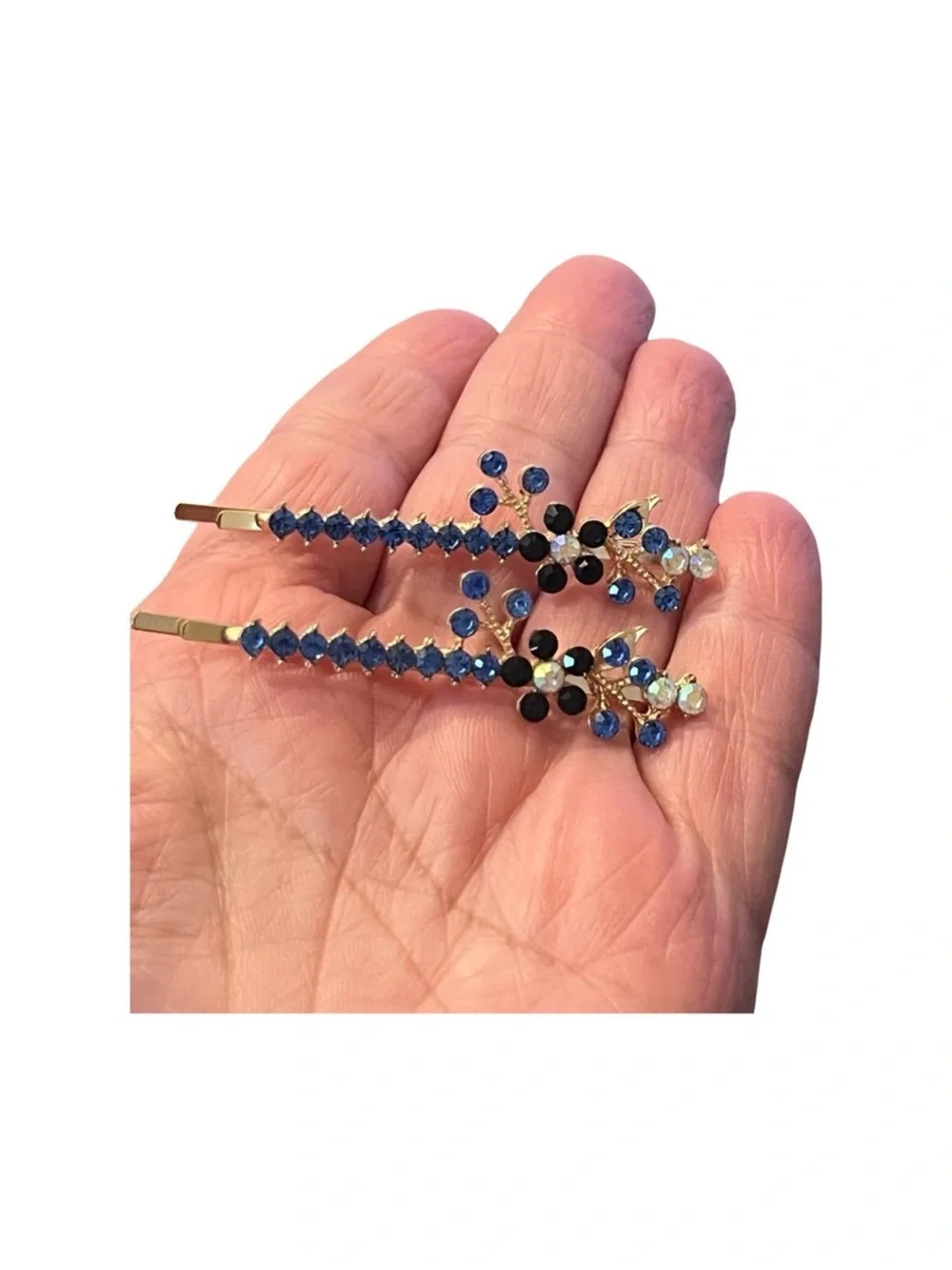 Elegant Gold Blue Crystal Rhinestones Floral Hair Clips 2.5”FINAL PRICE DROP